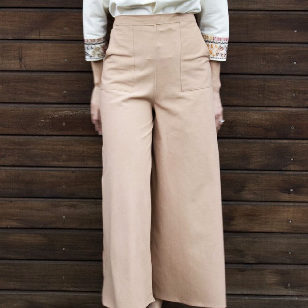 Tan Linen Side Split Trousers - Bohemian Style Pants One Size